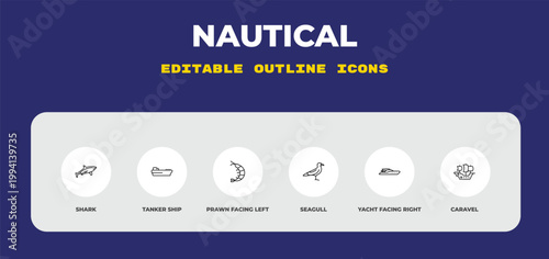 outline nautical icons set - shark, tanker ship, prawn facing left. editable vector for web and mobile ui