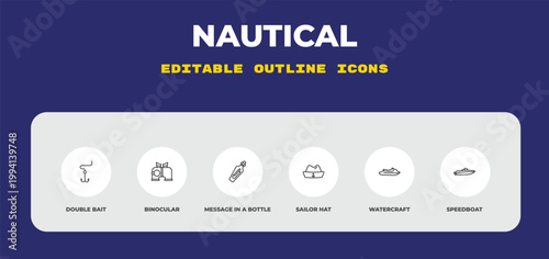 outline nautical icons set - double bait, binocular, message in a bottle. editable vector for web and mobile ui
