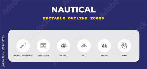 outline nautical icons set - nautical monocular, sea package, big shell. editable vector for web and mobile ui