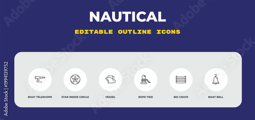 outline nautical icons set - boat telescope, star inside circle, vessel. editable vector for web and mobile ui