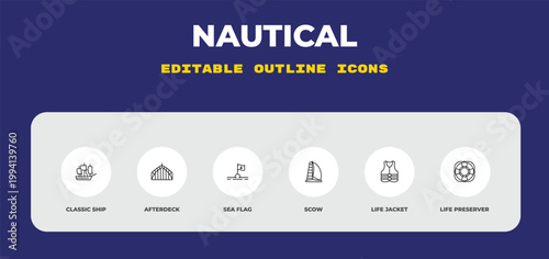 outline nautical icons set - classic ship, afterdeck, sea flag. editable vector for web and mobile ui