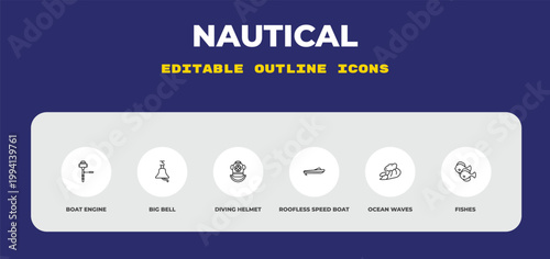 outline nautical icons set - boat engine, big bell, diving helmet. editable vector for web and mobile ui