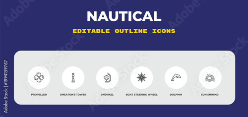 outline nautical icons set - propeller, smeaton's tower, snorkel. editable vector for web and mobile ui