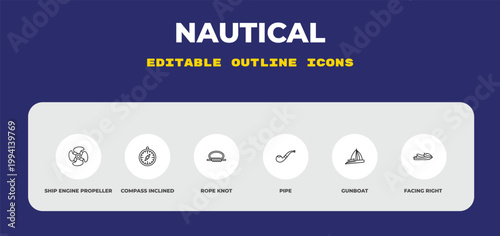 outline nautical icons set - ship engine propeller, compass inclined, rope knot. editable vector for web and mobile ui