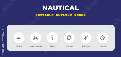 outline nautical icons set - trireme, skull and bones, buoys. editable vector for web and mobile ui