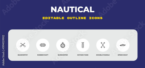 outline nautical icons set - seaworthy, rubber raft, barometer. editable vector for web and mobile ui
