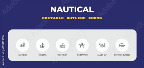 outline nautical icons set - capsizing, windsail, wood raft. editable vector for web and mobile ui