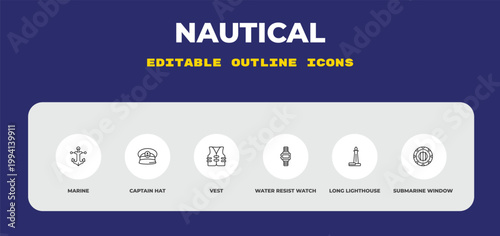 outline nautical icons set - marine, captain hat, vest. editable vector for web and mobile ui