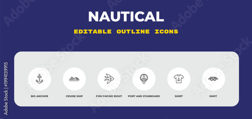 outline nautical icons set - big anchor, cruise ship, fish facing right. editable vector for web and mobile ui