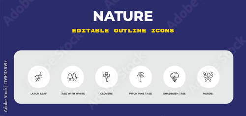 outline nature icons set - larch leaf, tree with white foliage, clovers. editable vector for web and mobile ui