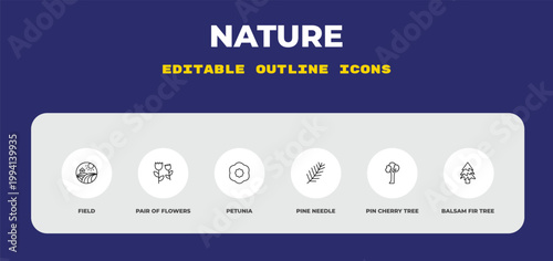 outline nature icons set - field, pair of flowers, petunia. editable vector for web and mobile ui