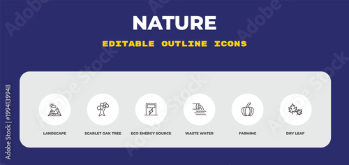 outline nature icons set - landscape, scarlet oak tree, eco energy source. editable vector for web and mobile ui