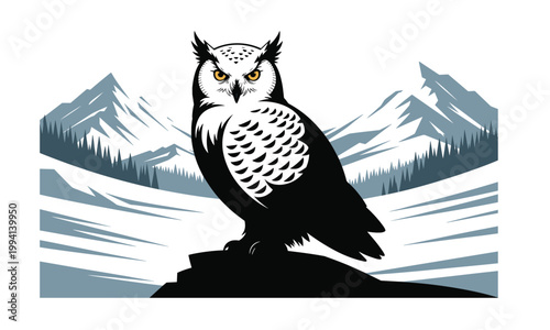 Snowy Owl, Wildlife Illustration, Mountain Landscape, Vector Graphic