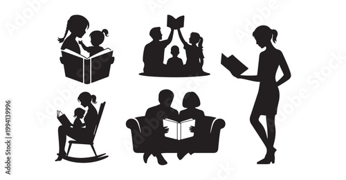 Silhouette illustrations of people reading books in various settings and poses together.