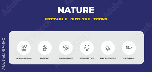 outline nature icons set - natural medical pills, plant pot, big snowflake. editable vector for web and mobile ui