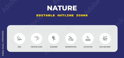 outline nature icons set - bird, fertilize clinic, oleander. editable vector for web and mobile ui