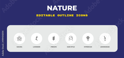 outline nature icons set - sakura, lavender, pinnate. editable vector for web and mobile ui
