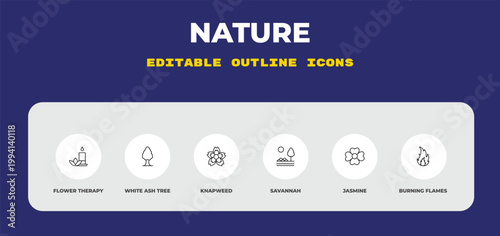 outline nature icons set - flower therapy, white ash tree, knapweed. editable vector for web and mobile ui