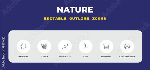 outline nature icons set - whirlpool, flower, orange leaf. editable vector for web and mobile ui