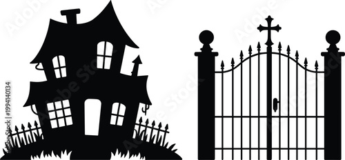 Halloween house, spooky gate, black silhouette, vector icons, 2 elements