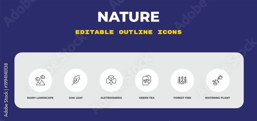 outline nature icons set - rainy landscape, oak leaf, alstroemeria. editable vector for web and mobile ui