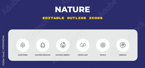 outline nature icons set - hawthorn, eastern hemlock tree, natural energy. editable vector for web and mobile ui