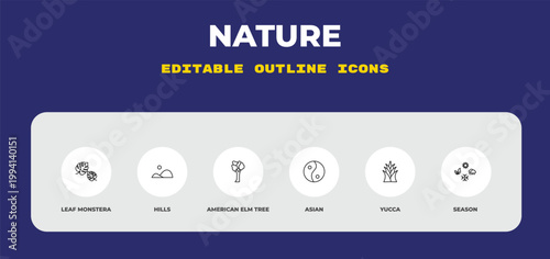 outline nature icons set - leaf monstera, hills, american elm tree. editable vector for web and mobile ui
