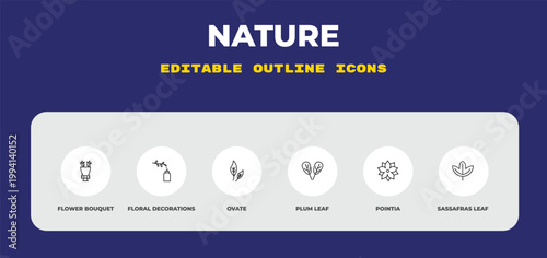 outline nature icons set - flower bouquet, floral decorations, ovate. editable vector for web and mobile ui