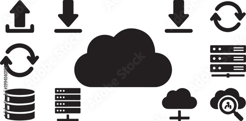 Cloud computing, data storage icons, server symbols, download upload vector graphics