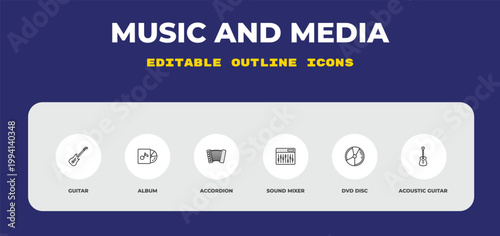 outline music and media icons set - guitar, album, accordion. editable vector for web and mobile ui
