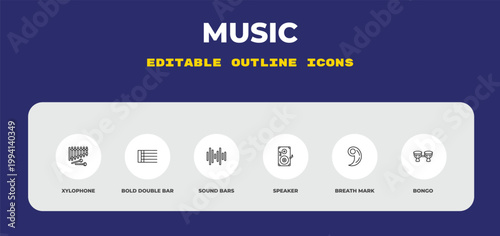 outline music icons set - xylophone, bold double bar line, sound bars. editable vector for web and mobile ui