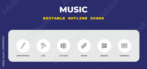 outline music icons set - pennywhistle, clef, alto clef. editable vector for web and mobile ui