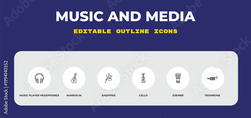 outline music and media icons set - music player headphones, mandolin, bagpipes. editable vector for web and mobile ui