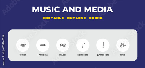 outline music and media icons set - cornet, harmonica, melody. editable vector for web and mobile ui