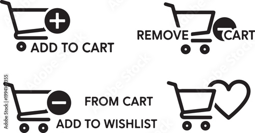 Ecommerce icons, shopping cart buttons, add to cart, wishlist, vector