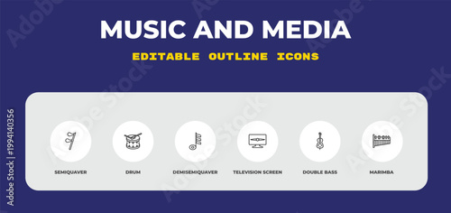 outline music and media icons set - semiquaver, drum, demisemiquaver. editable vector for web and mobile ui