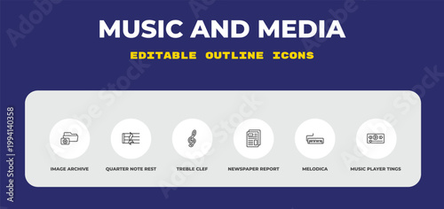 outline music and media icons set - image archive, quarter note rest, treble clef. editable vector for web and mobile ui