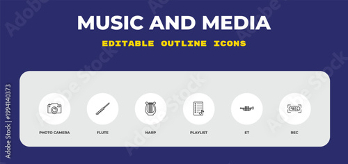 outline music and media icons set - photo camera, flute, harp. editable vector for web and mobile ui