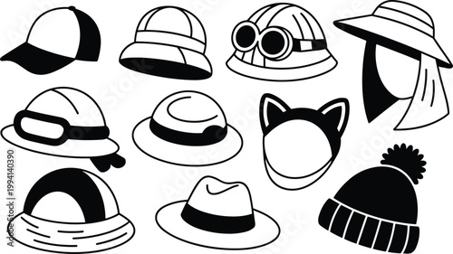 Black and white hats, headwear icons, 10 pieces, vector illustrations, fashion elements, accessory designs
