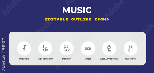 outline music icons set - saxophone, jack connector, castanets. editable vector for web and mobile ui