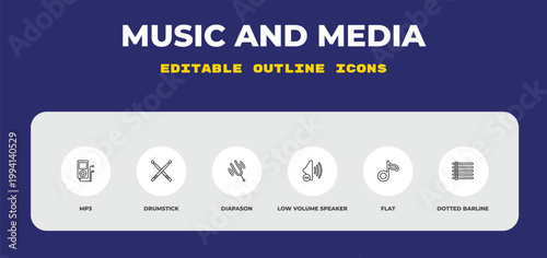 outline music and media icons set - mp3, drumstick, diapason. editable vector for web and mobile ui