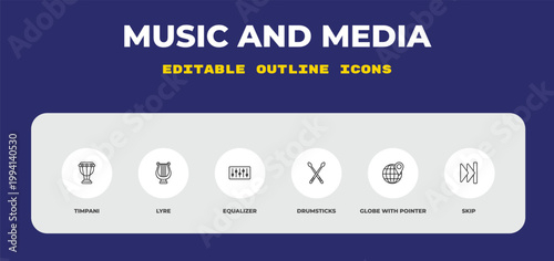 outline music and media icons set - timpani, lyre, equalizer. editable vector for web and mobile ui