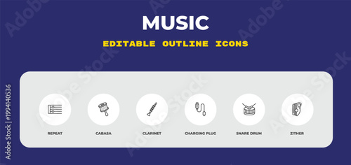 outline music icons set - repeat, cabasa, clarinet. editable vector for web and mobile ui
