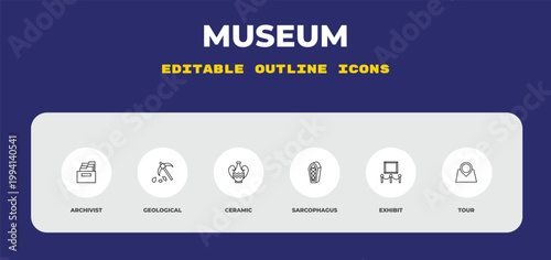 outline museum icons set - archivist, geological, ceramic. editable vector for web and mobile ui