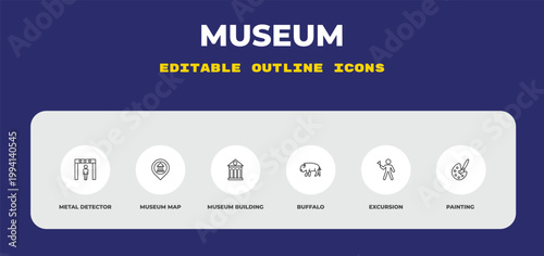 outline museum icons set - metal detector, museum map, museum building. editable vector for web and mobile ui