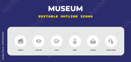 outline museum icons set - cinema, pop art, cafe. editable vector for web and mobile ui