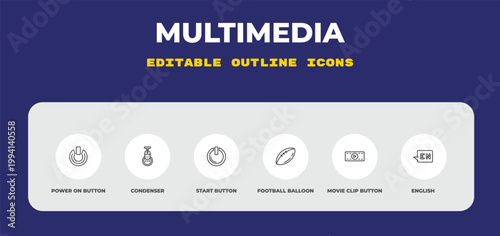 outline multimedia icons set - power on button, condenser, start button. editable vector for web and mobile ui