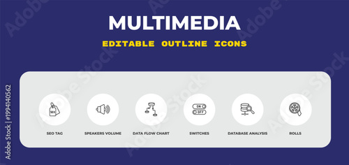 outline multimedia icons set - seo tag, speakers volume, data flow chart. editable vector for web and mobile ui