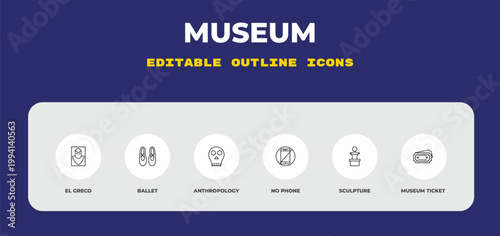 outline museum icons set - el greco, ballet, anthropology. editable vector for web and mobile ui