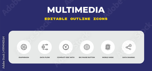 outline multimedia icons set - diaphragm, data flow, compact disc with glare. editable vector for web and mobile ui